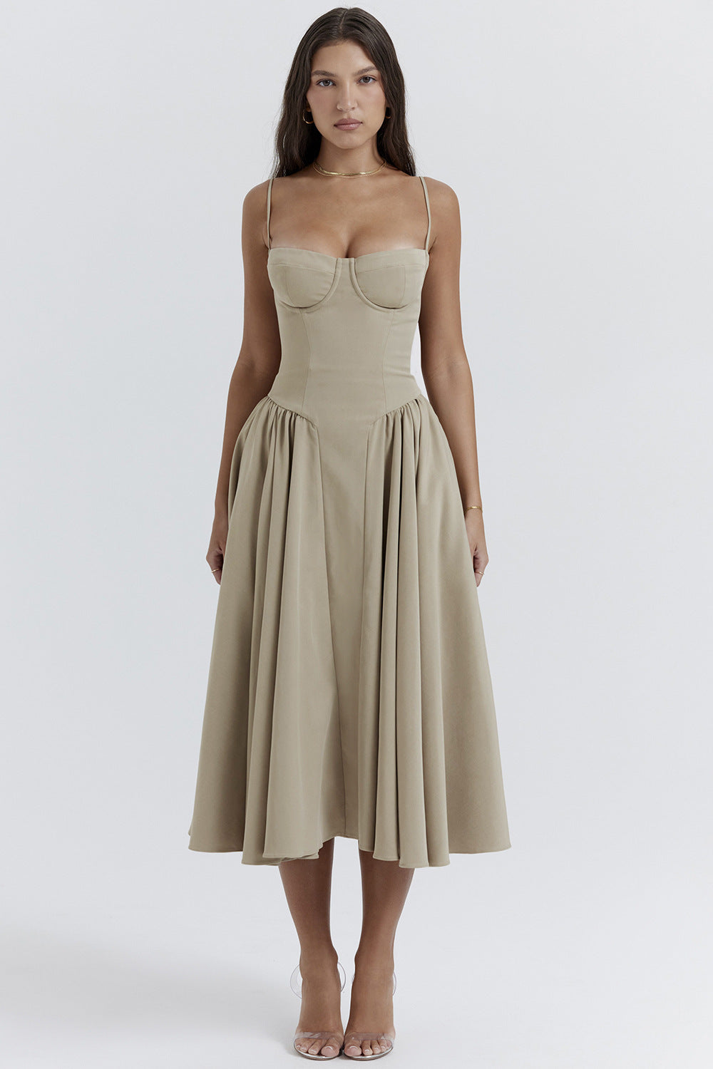 Robe Midi Plissée Natalie Amawinc Élégance Structurée Pour Printemps Et Été Avec Buste Structuré Et Silhouette Flatteuse
