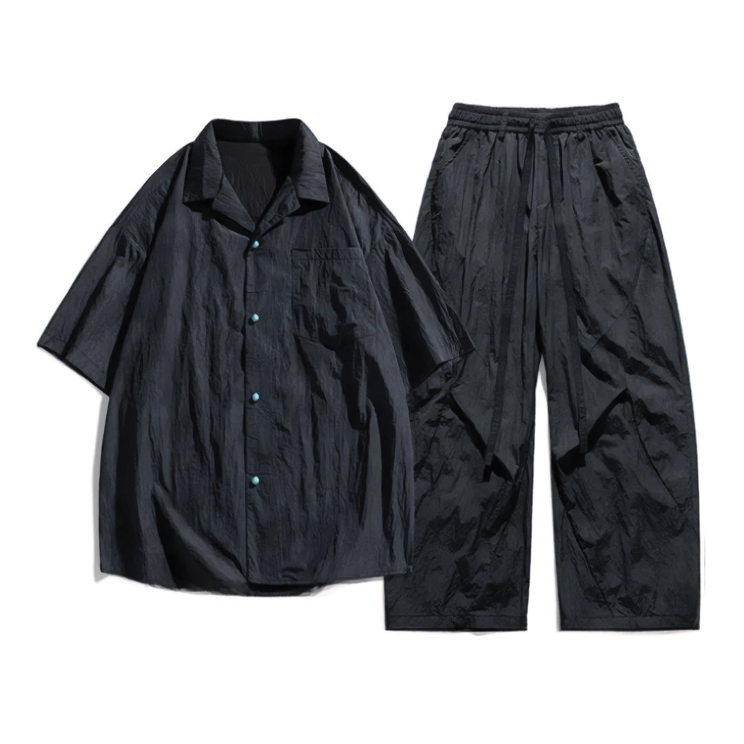 Ensemble Deux Pièces Turquoise En Nylon Léger Avec Cordon De Serrage Chemise Et Pantalon Confortables À Taille Élastique