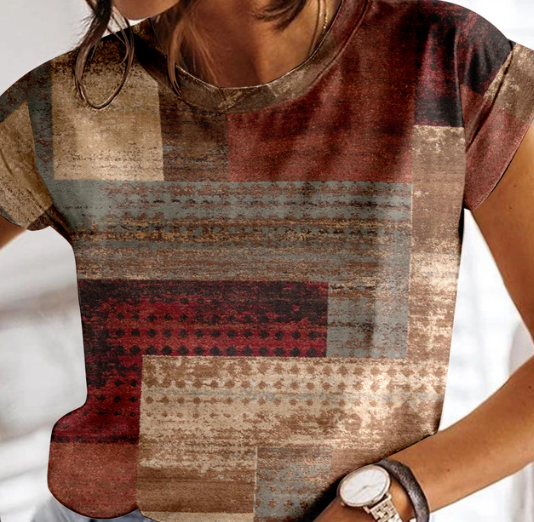 Damen Sommer T-Shirt mit Karomuster, Rundhals Ausschnitt von Fudus