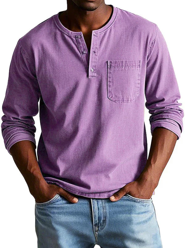 Chemise Henley Décontractée À Manches Longues Pour Homme Amawinc Indigo Classique Confort Quotidien