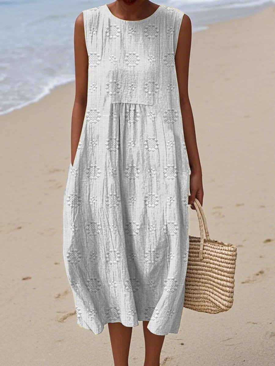 Robe Midi Texturée Olivia Sans Manches Avec Motifs Circulaires Subtils Pour Jours Ensoleillés Et Weekends