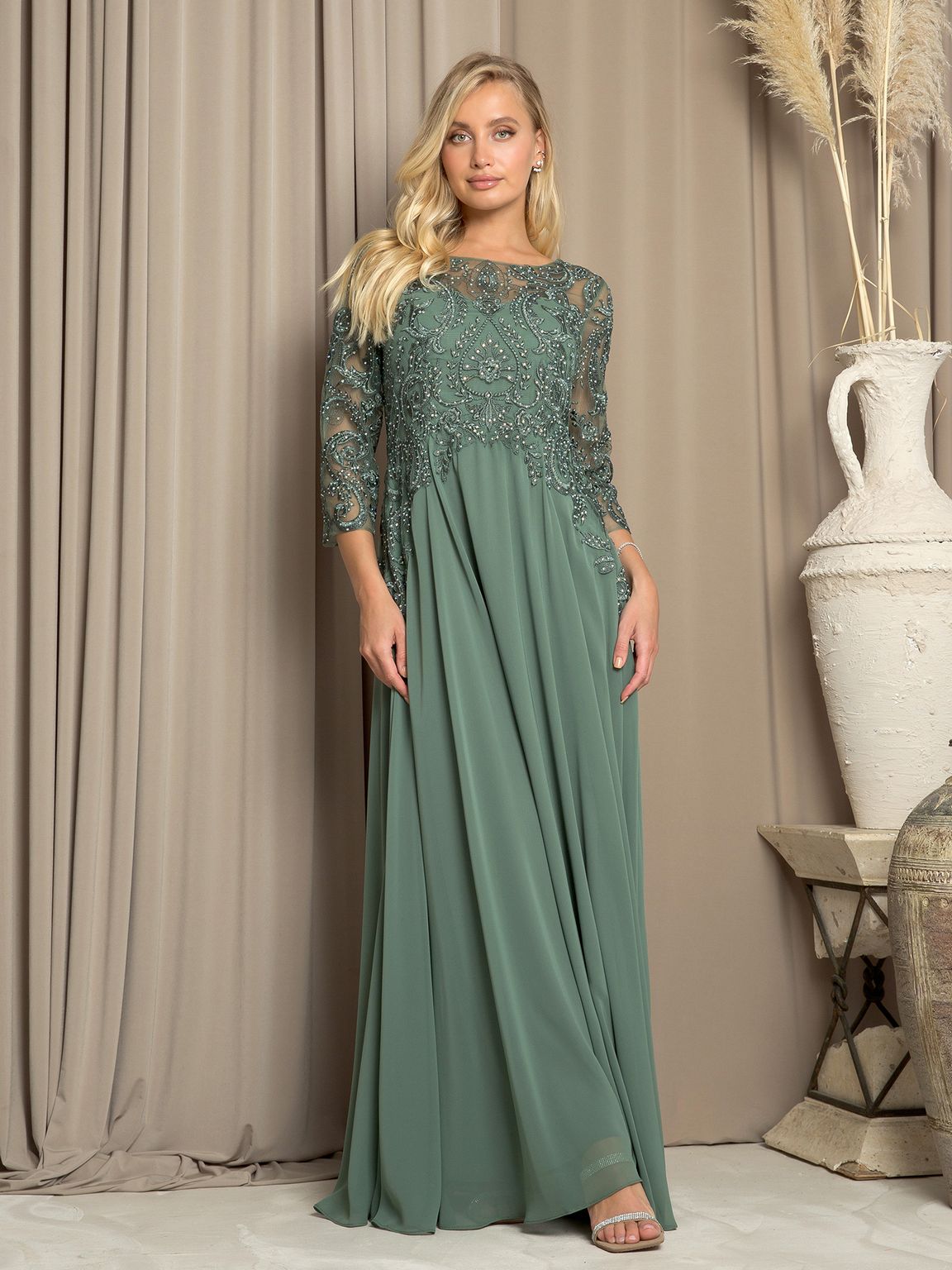 Robe Longue Formelle Pour Mère De La Mariée Eva Fashion EV5248 En Chiffon Avec Corsage En Dentelle Et Manches Trois Quarts