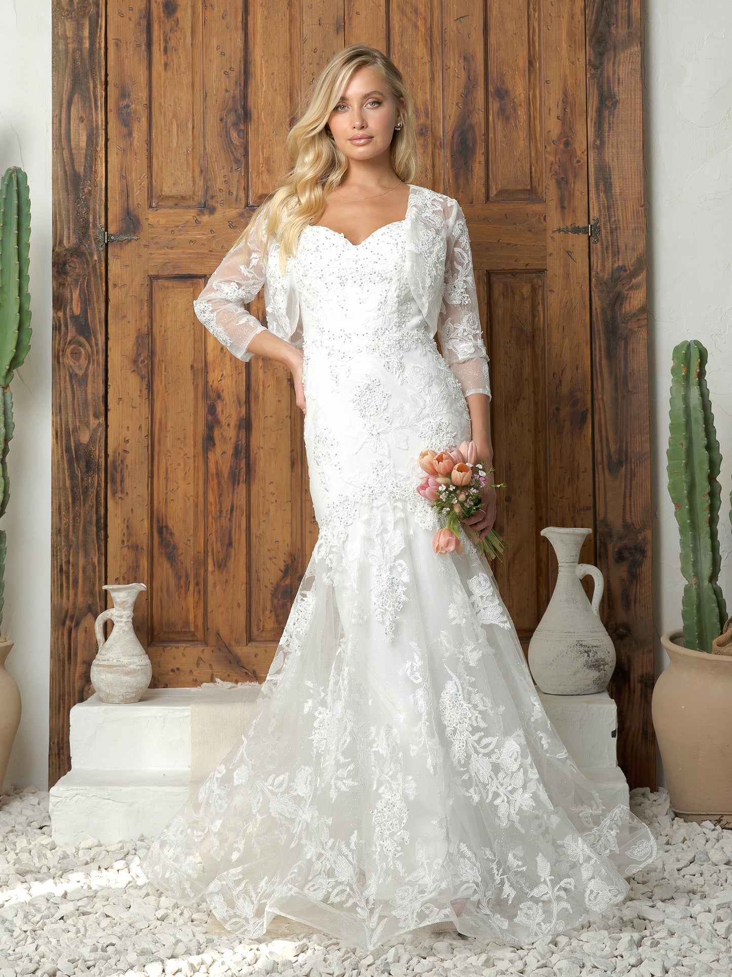 Robe Longue Sirène Formelle Deux Pièces Avec Boléro En Dentelle Et Corset Dos Ajustable