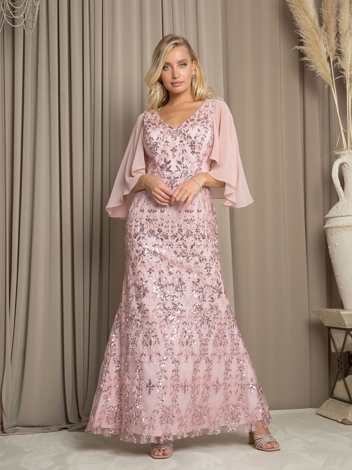 Robe Longue Formelle Pour Mère De La Mariée Avec Cape En Chiffon À Paillettes Eva Fashion 5255