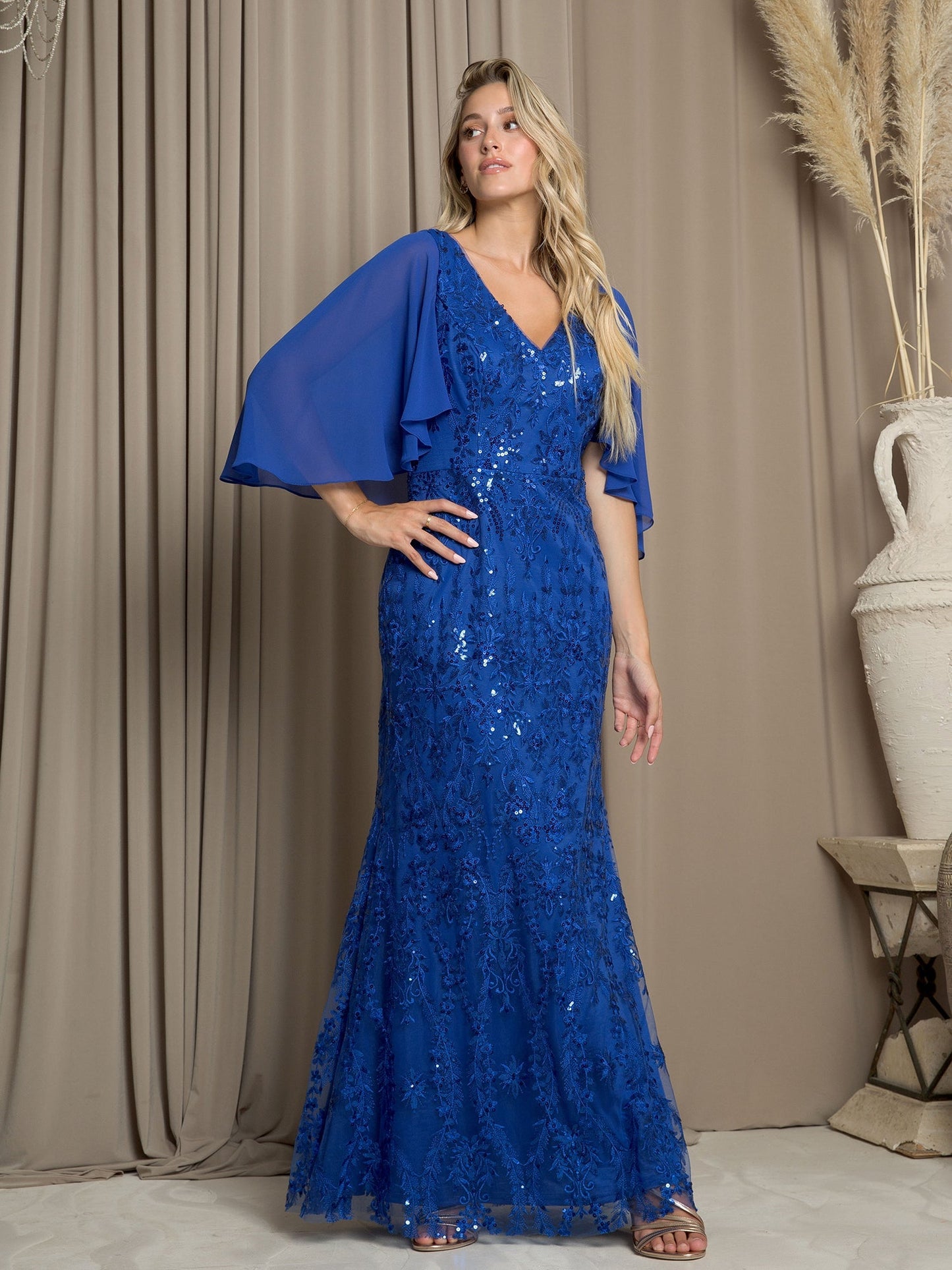 Robe Longue Formelle Pour Mère De La Mariée Avec Cape En Chiffon À Paillettes Eva Fashion 5255