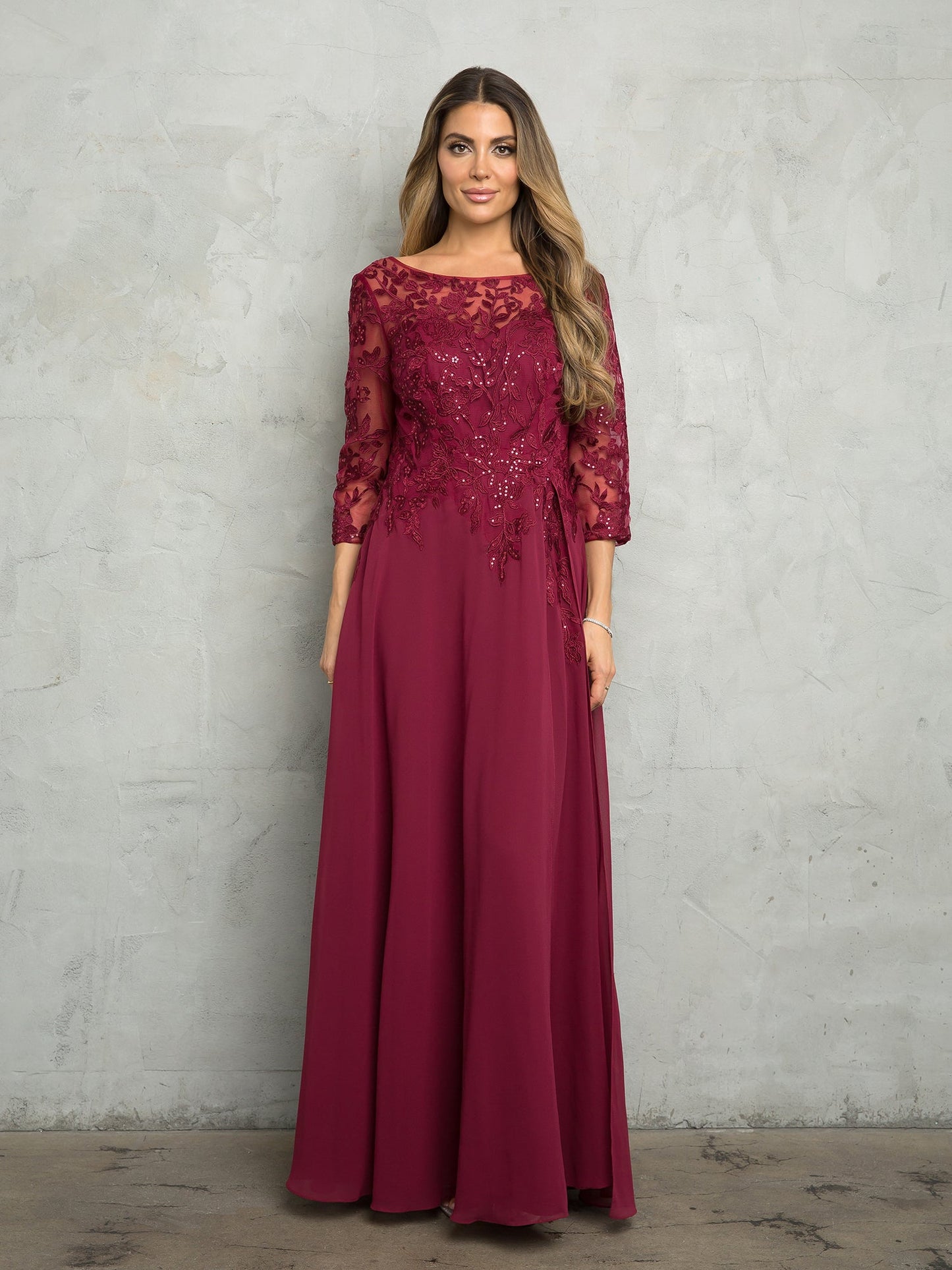 Robe Longue Mère De La Mariée En Coupe A Élégante Avec Corsage Orné Et Manches Trois Quarts En Chiffon Eva Fashion 5258