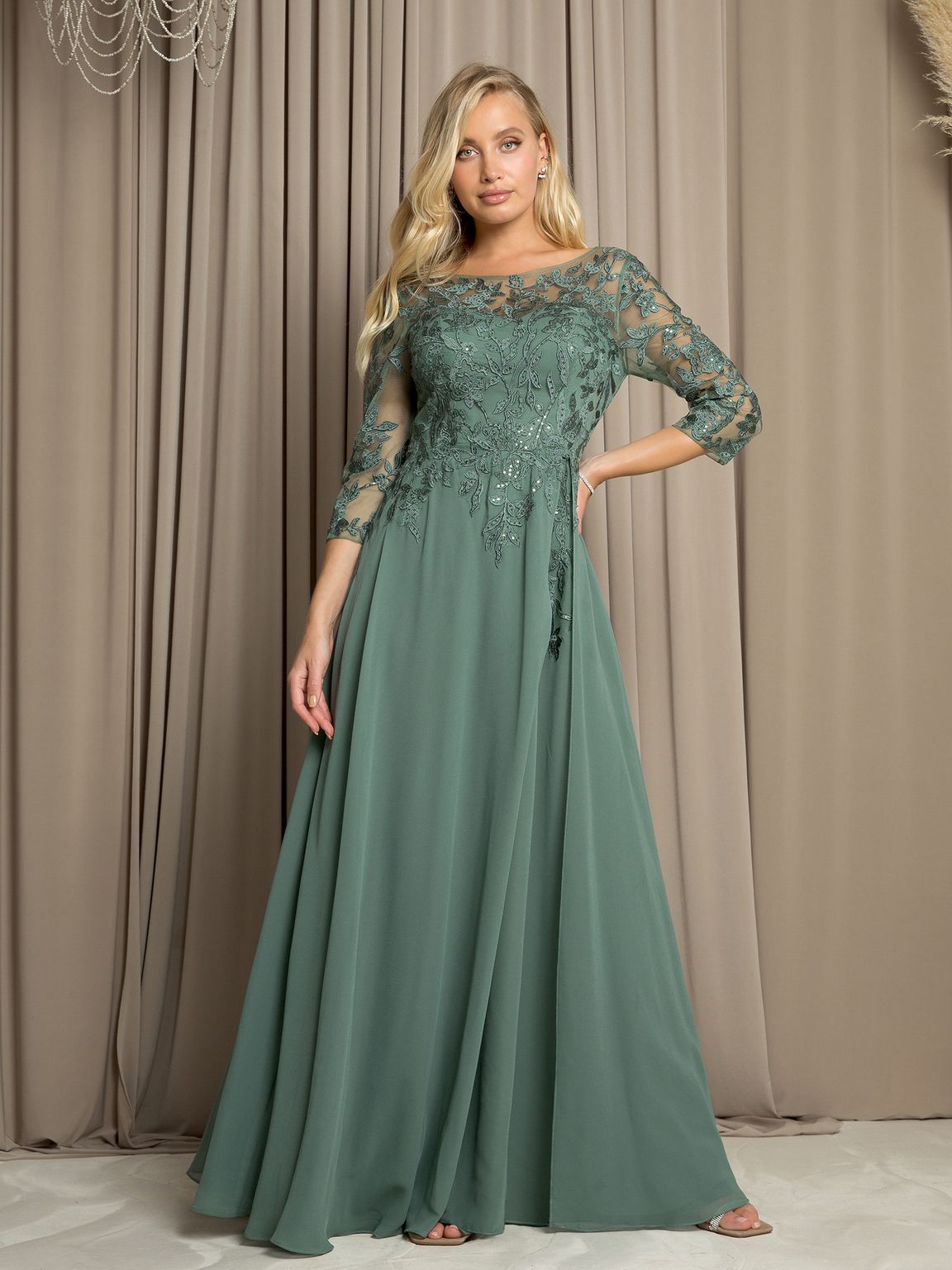 Robe Longue Mère De La Mariée En Coupe A Élégante Avec Corsage Orné Et Manches Trois Quarts En Chiffon Eva Fashion 5258