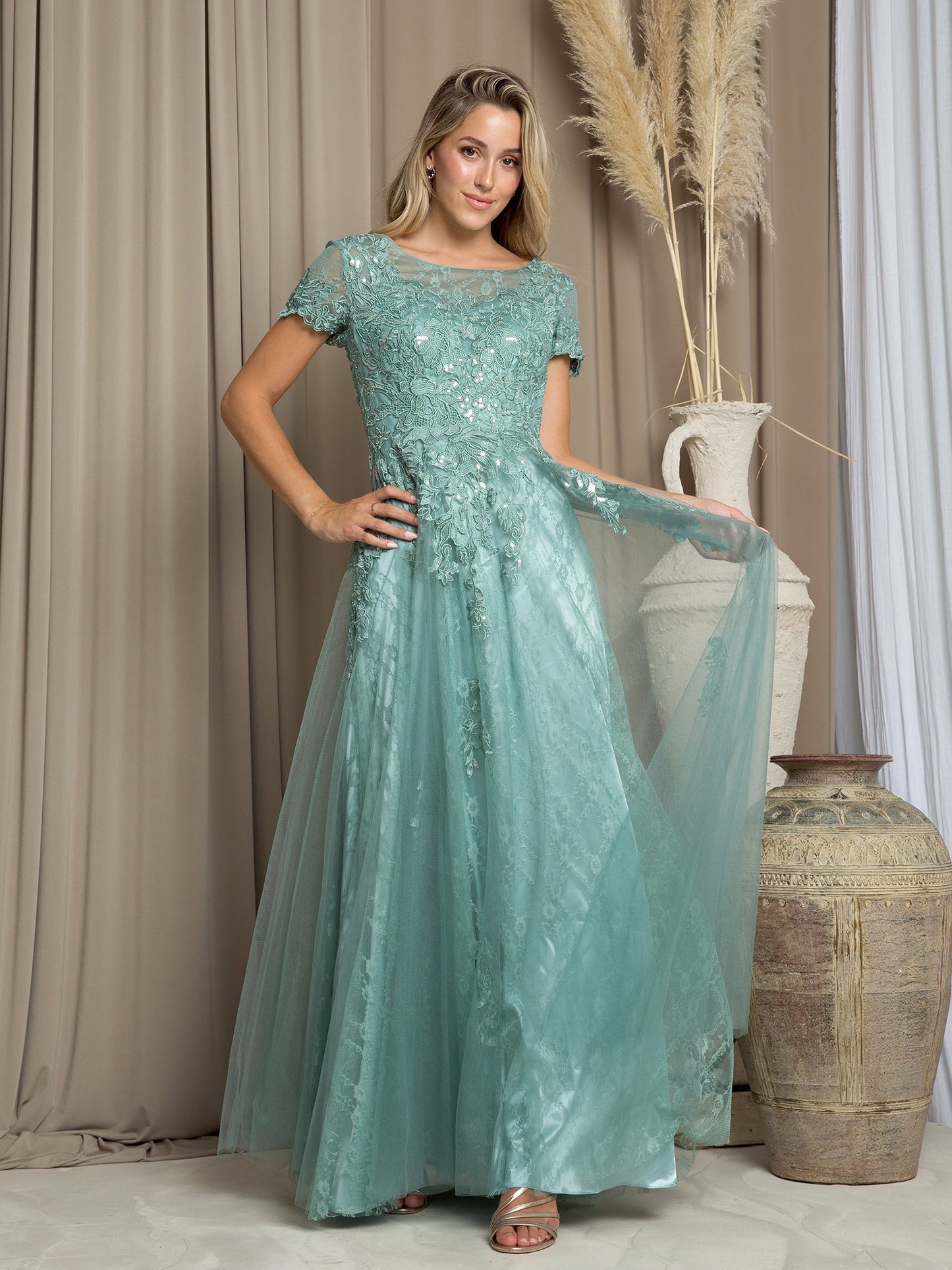 Robe Longue Formelle Pour Mère De La Mariée Eva Fashion 5261 A Ligne En Tulle Et Dentelle