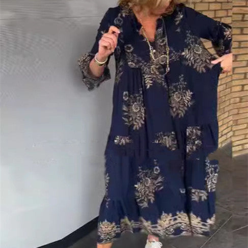 Bohemian Kleid mit V-Ausschnitt, Knöpfen und langen Ärmeln von Fudus