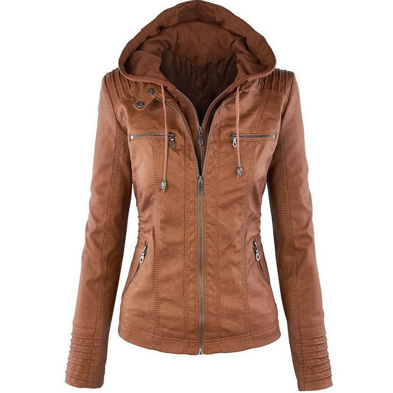 Veste Femme En Simili Cuir Capuche Amovible Coupe Moderne Poches Pratiques Décontracté Élégant Automne Hiver
