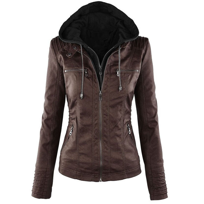 Veste Femme En Simili Cuir Capuche Amovible Coupe Moderne Poches Pratiques Décontracté Élégant Automne Hiver