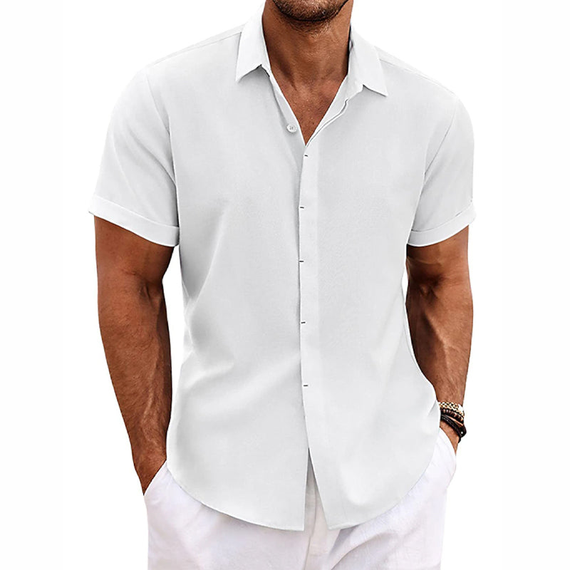 Chemise Homme Manches Courtes Lin Coton Mélangé À Boutons Tissu Respirant Léger Décontractée Quotidienne Amawinc