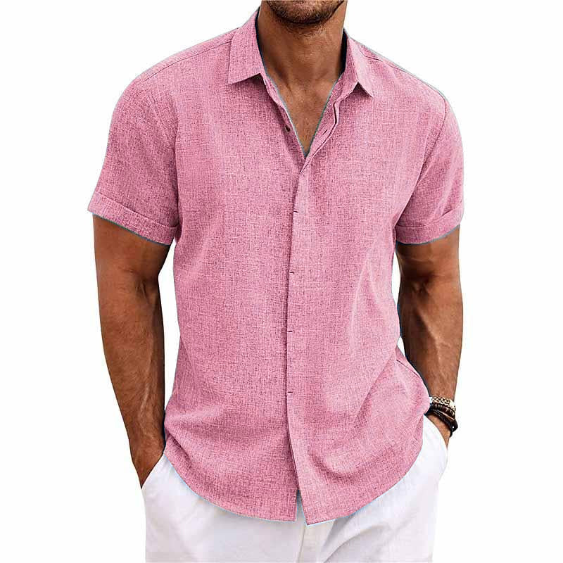 Chemise Homme Manches Courtes Lin Coton Mélangé À Boutons Tissu Respirant Léger Décontractée Quotidienne Amawinc