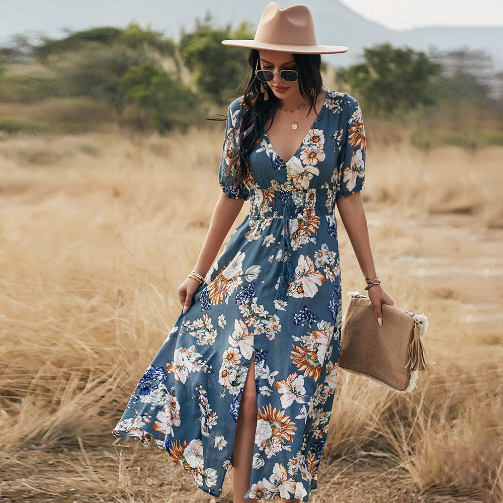 Fudus Sommerkleid: Blumenmuster, V-Ausschnitt, elastischer Bund