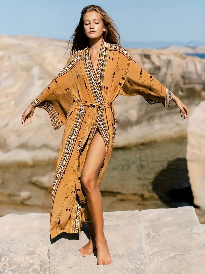 Frida Boho Plus Size Kimono mit Bindegürtel und Maxi-Länge
