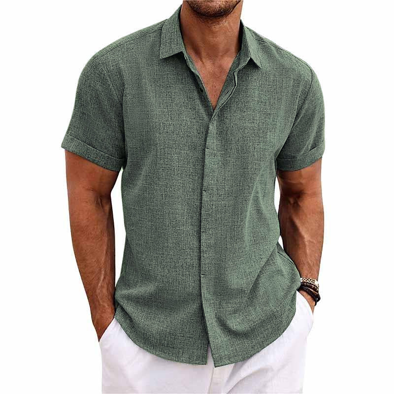 Chemise Homme Manches Courtes Lin Coton Mélangé À Boutons Tissu Respirant Léger Décontractée Quotidienne Amawinc