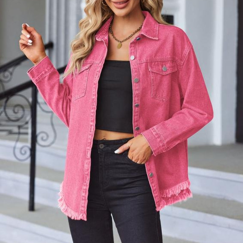 Veste En Denim Branu À Franges Brutes Et Ourlet Effiloché, Coupe Légèrement Ample, Fermeture À Pression