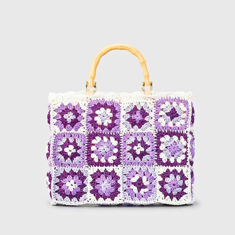 Sac Crochet Corly Voyage Éco Responsable Boho Tote Avec Manche Bambou Tissé Patchwork Coloré