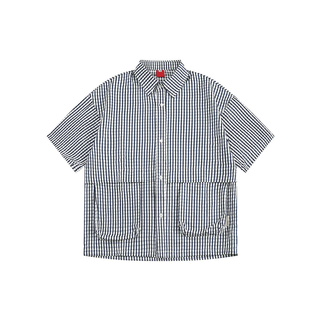 Chemise Gingham À Carreaux À Manches Courtes En Coton Avec Poches Frontales Oversize Doubles Et Col Chemise Coupe Droite