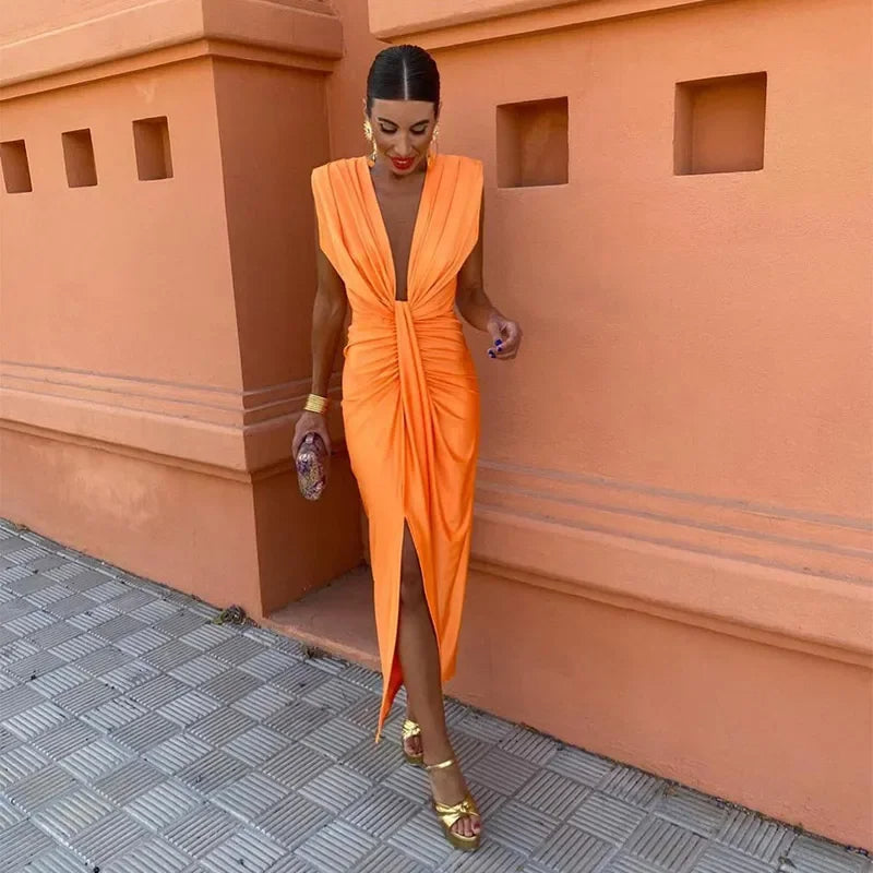 Robe De Soirée Pour Femme Élégante Avec Nœud Twist Col En V Et Fente Festive Élégante Satinée