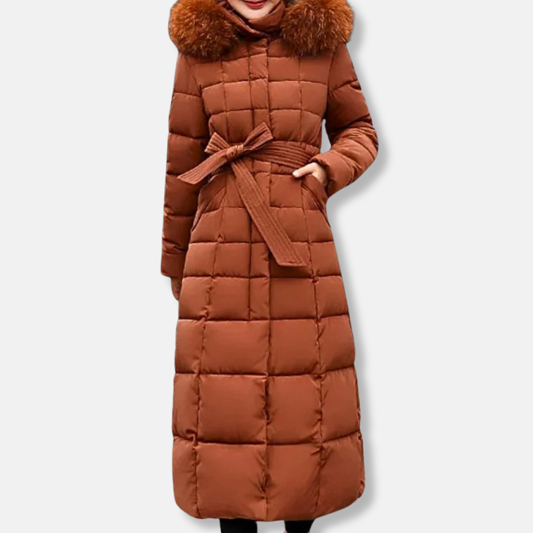 Manteau Matelassé Pour Femme Ceinture Cintrée Capuche Fourrure Long Coupe Slim Isolant
