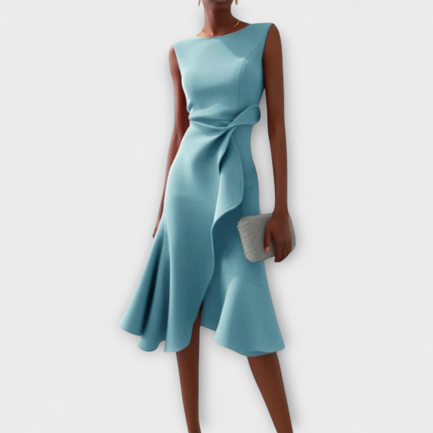 Adeline Robe de Cocktail Sans Manches Midi Avec Volant Asymétrique et Taille Cintrée Amawinc