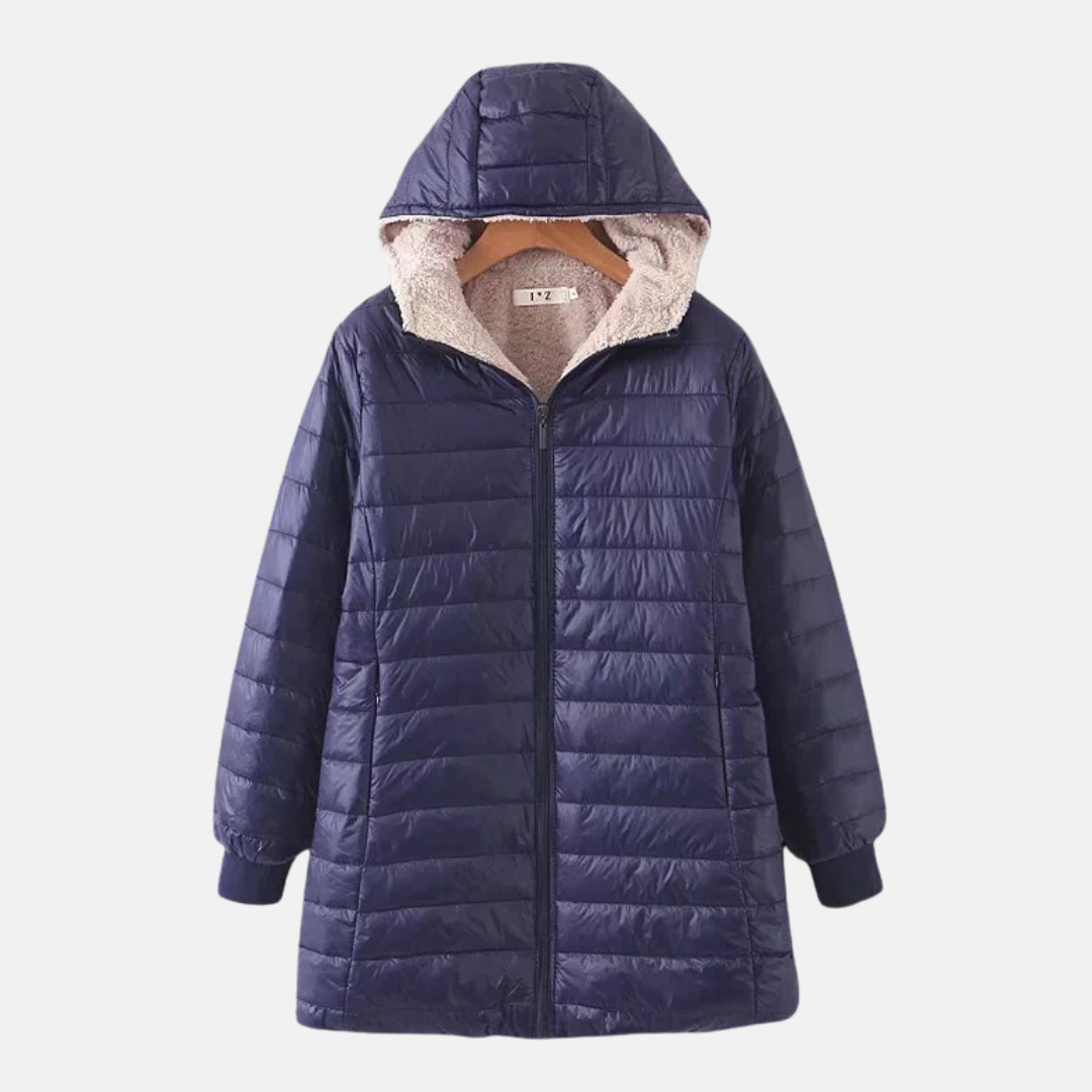 Manteau Matelassé Pour Femme Mi Long Capuche Doublé Polaire Poignets Cotes Isolé Pour Hiver Chaud