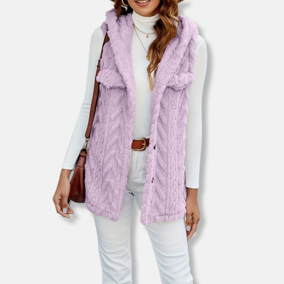Gilet À Capuche Sans Manches Pour Femme En Maille Câblée Pelucheuse Avec Boutons Devant Poches Et Coupe Décontractée