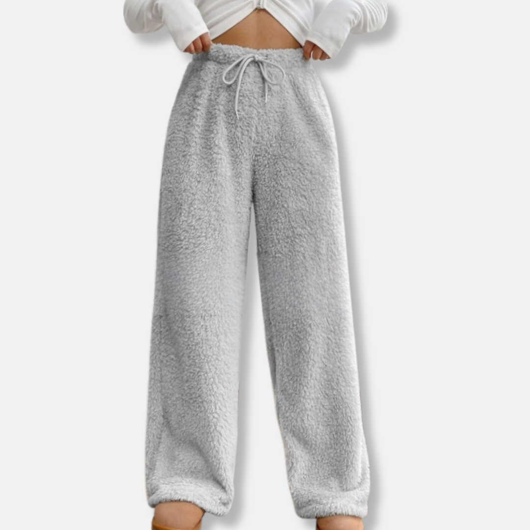 Pantalon de Détente pour Femme en Polaire Moelleuse, Coupe Ample, Jambe Large, Taille à Cordon, Longueur Totale