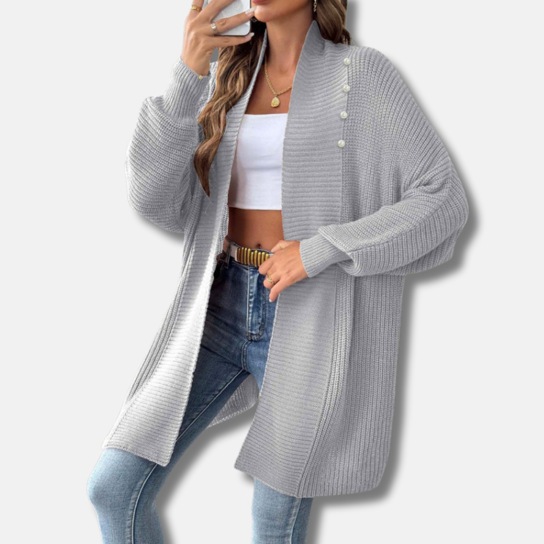 Cardigan Femme En Acrylique Tricot Longueur Longue Avec Col Châle Boutons Perles Élégants