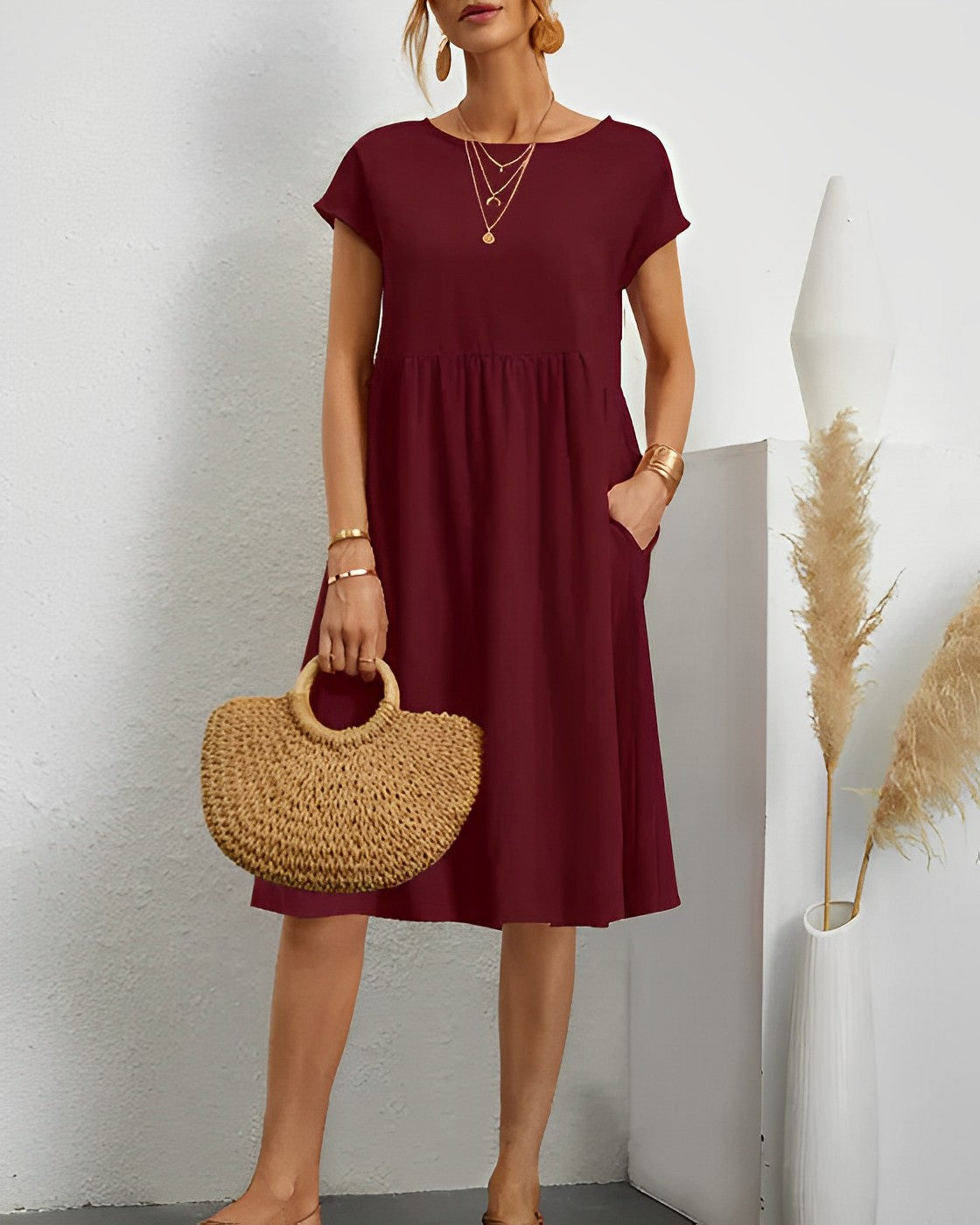 Robe Midi Femme Décontractée Avec Manches Courtes Encolure Ronde Et Poches Pratiques Amawinc
