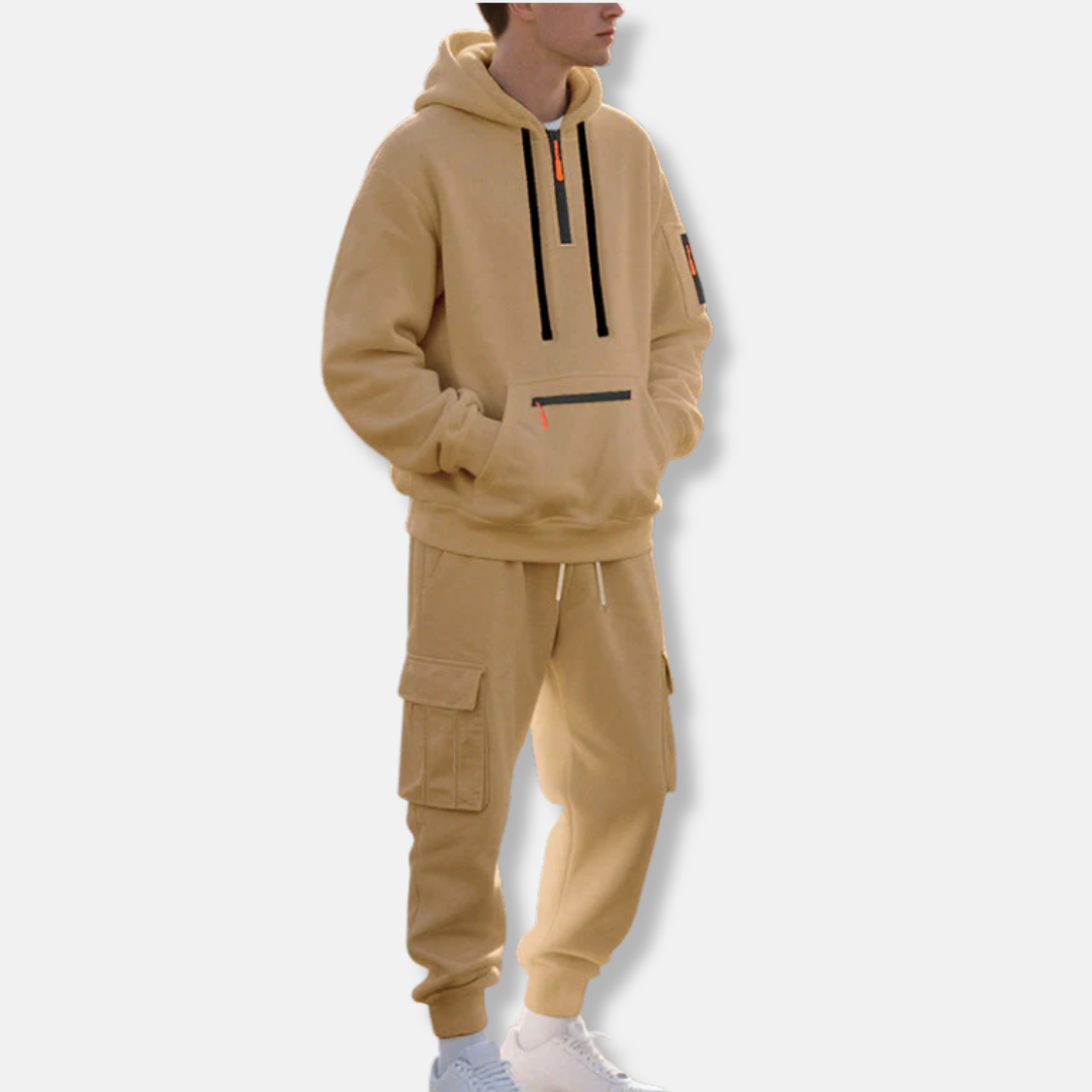Ensemble Survêtement Homme Coupe Décontractée Sweat À Capuche Demi Zip Et Pantalon Cargo À Taille Cordon Idéal Quotidien