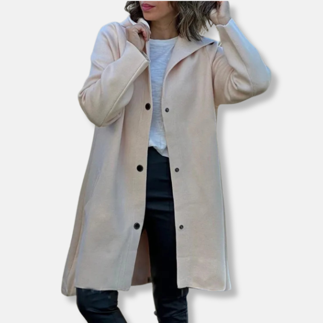 Manteau Femme En Laine Avec Capuche Et Fermeture À Boutons Pression Longueur Mi Cuisses