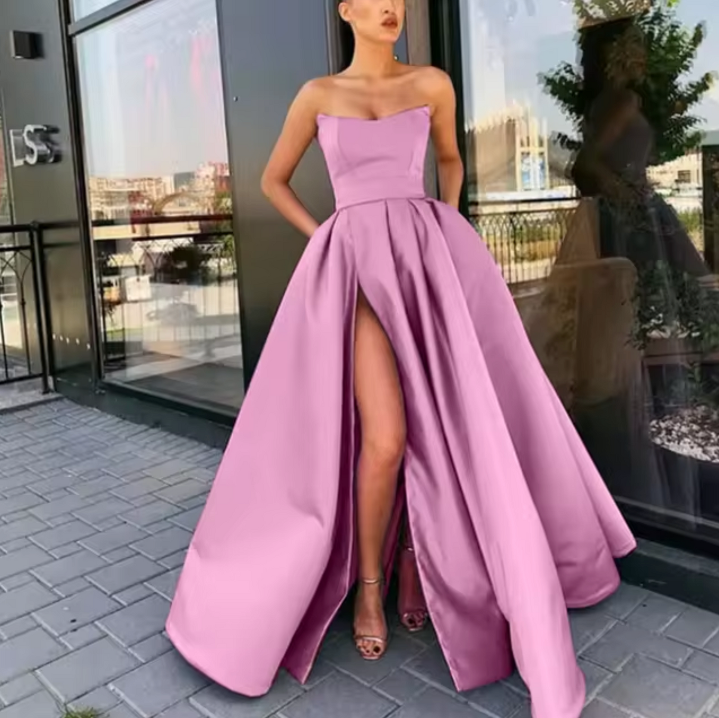 Robe De Soirée Pour Femme Sans Bretelles Coupe A Ligne Longue Avec Fente Haute Élégante