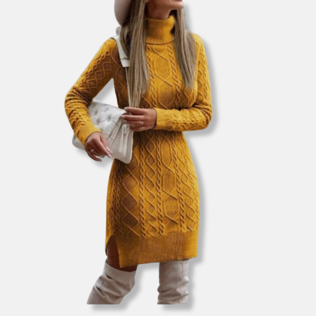 Robe Mini Femme Coupe Slim en Maille Mélangée Laine Col Roulé Manches Longues Fente Latérale Amawinc