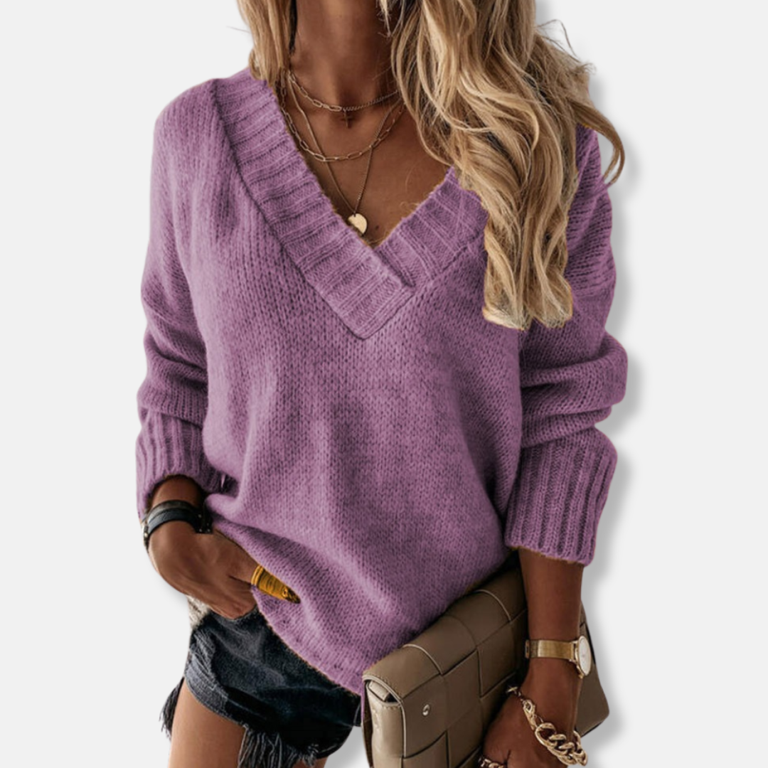 Pull En Maille Femme Coupe Décontractée Encolure En V Profonde Ourlet Côtelé Manches Longues