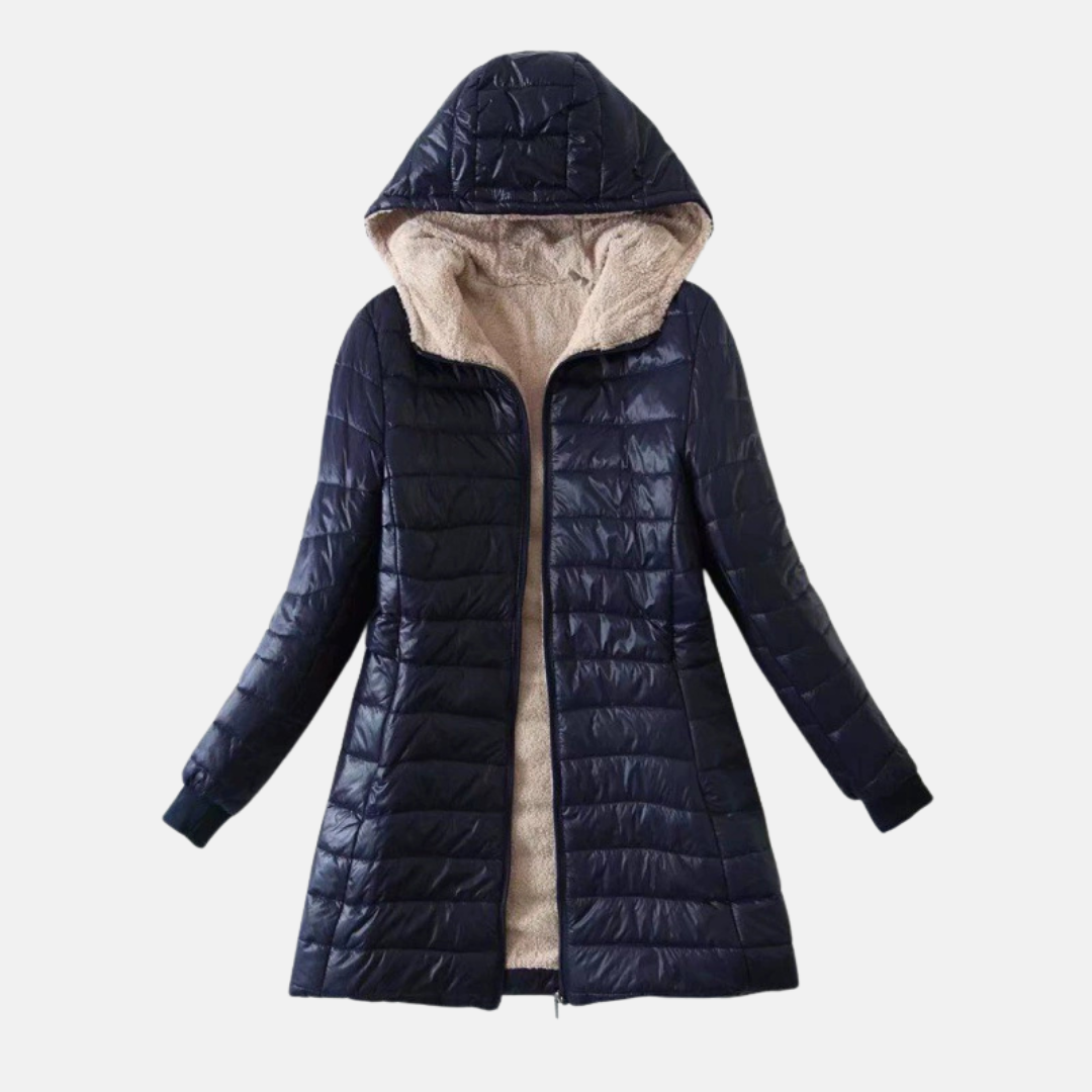 Doudoune Matelassée Pour Femmes À Capuche Mi Longue Avec Doublure Peluche Et Extérieur Quilté Coupe Regular