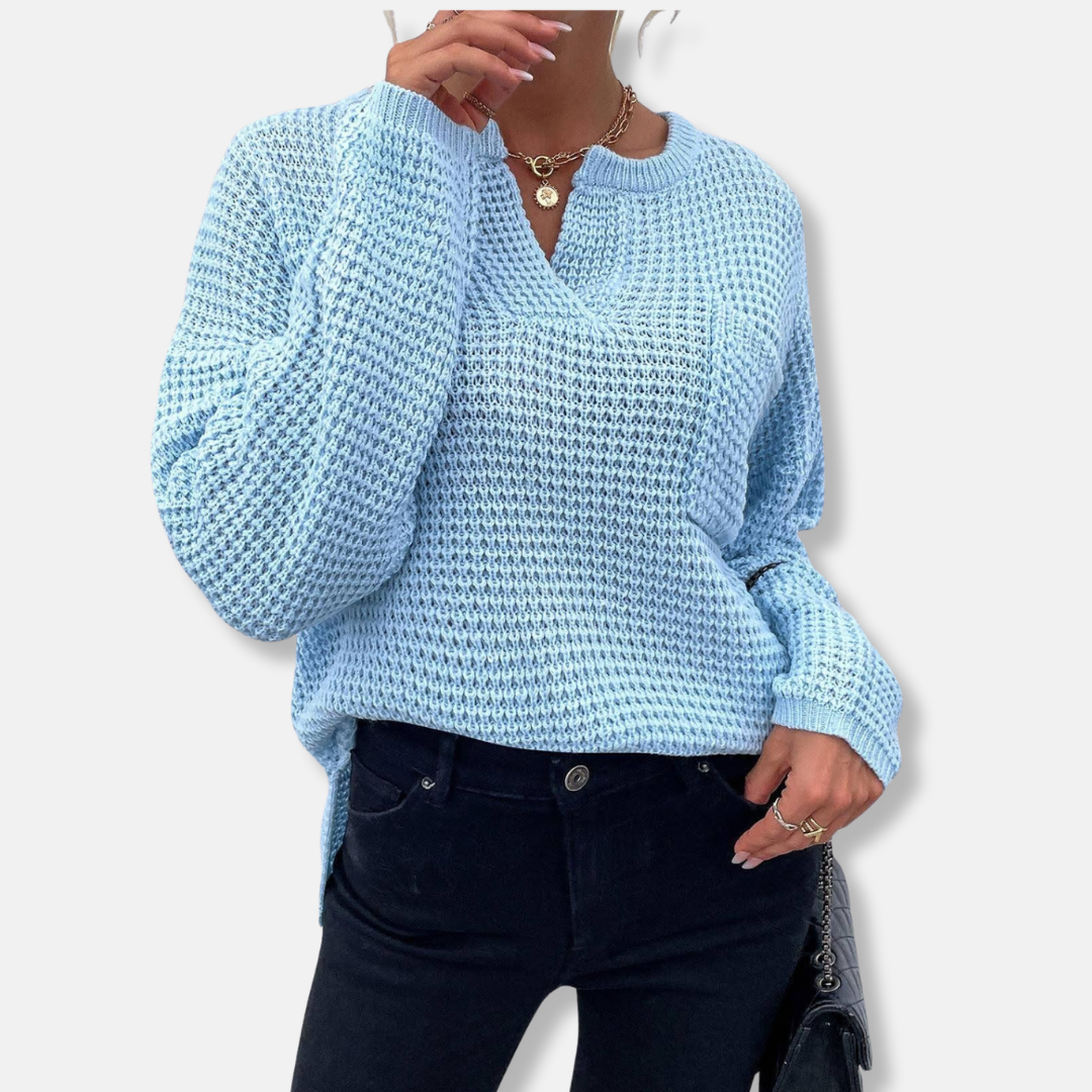 Pull Femme En Maille Gaufre Coupe Décontractée Col Rond À Encoches Manches Longues À Poignets