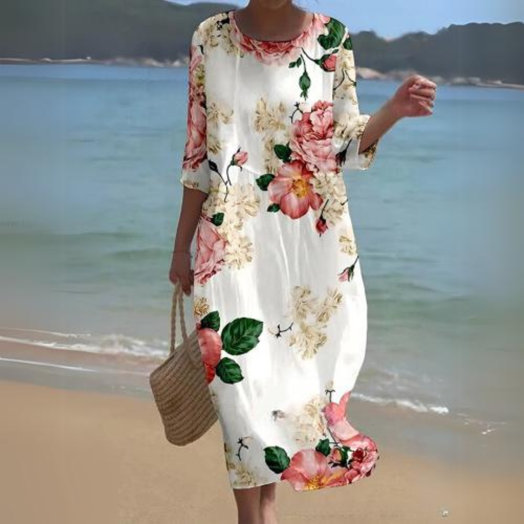 Robe Midi Florale Femme Légère Et Aérée Imprimé Floral Manches Trois Quarts Encolure Ronde Pour Été Confort