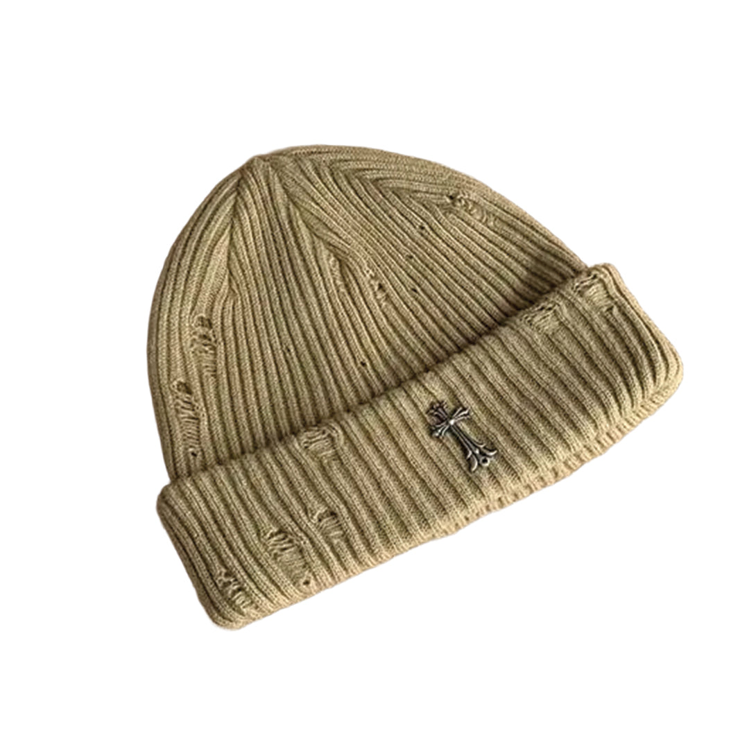 Bonnet Côtelé En Tricot Avec Croix Métal Distress Coton Polyester Pour Temps Froids Style Streetwear Confortable