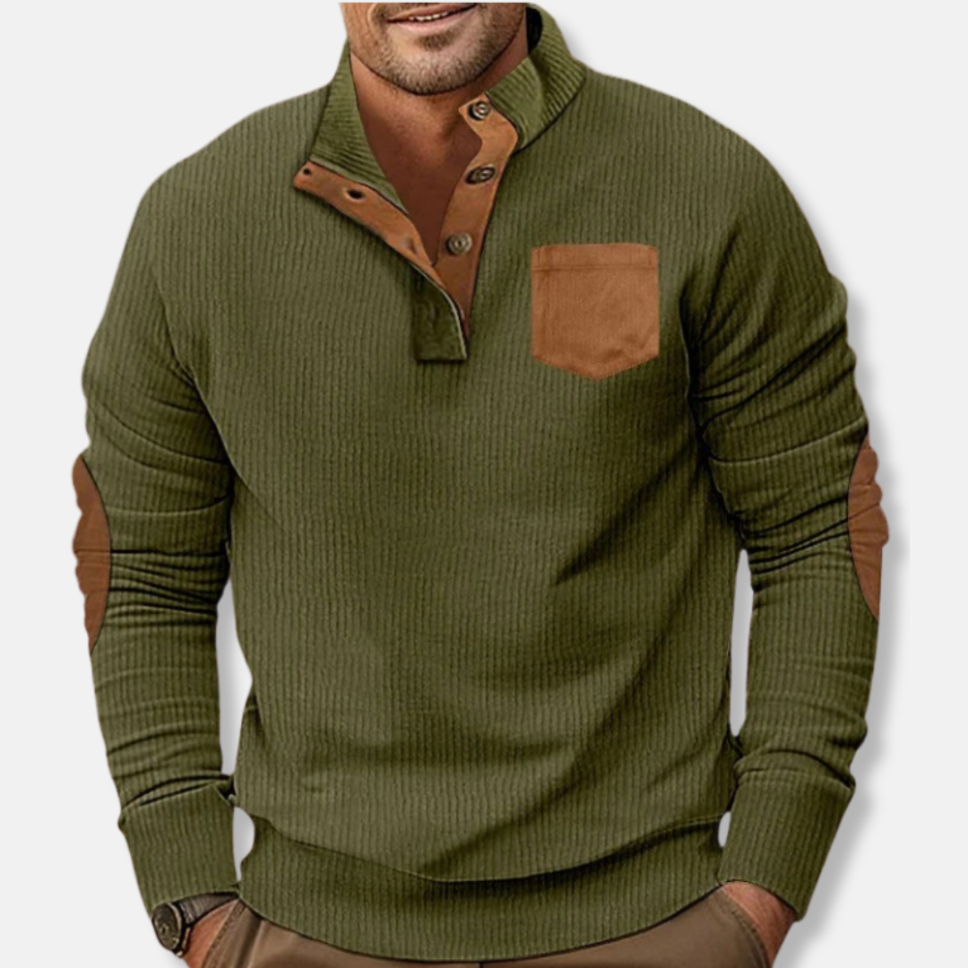 Sweatshirt Homme En Maille Côtelée Col Montant Patches Coudes Contrastants Pour Quotidien
