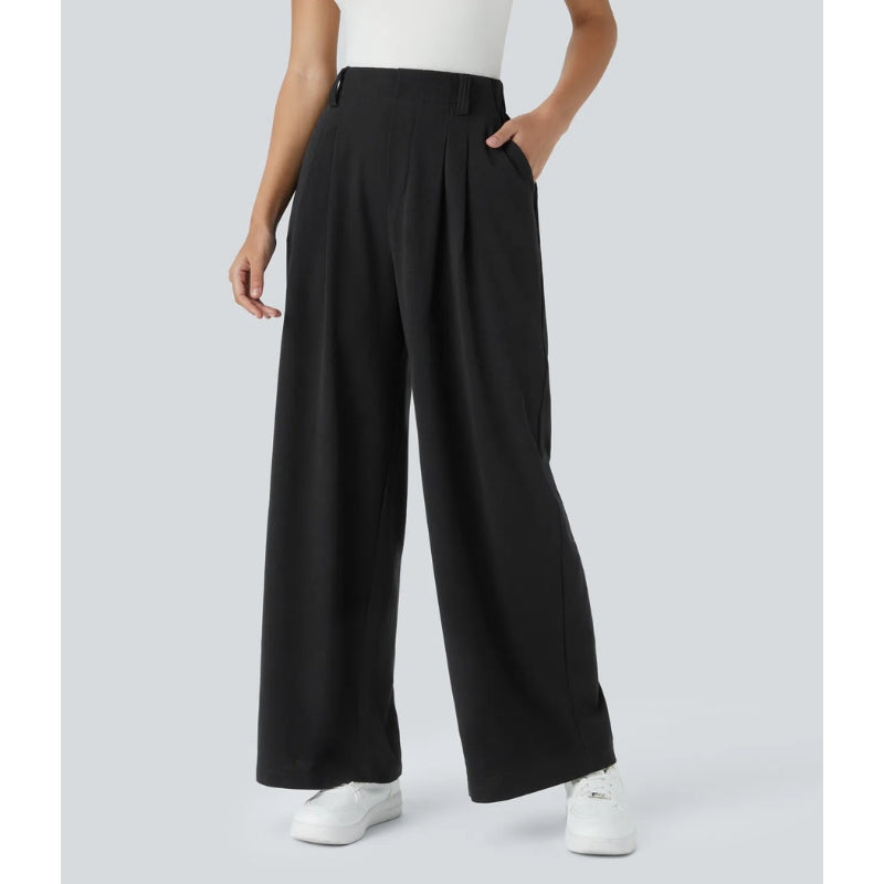 Nomi Pantalon Femme Taille Haute En Maille Gaufre Extensible Coupe Large Drapé Doux Confortable