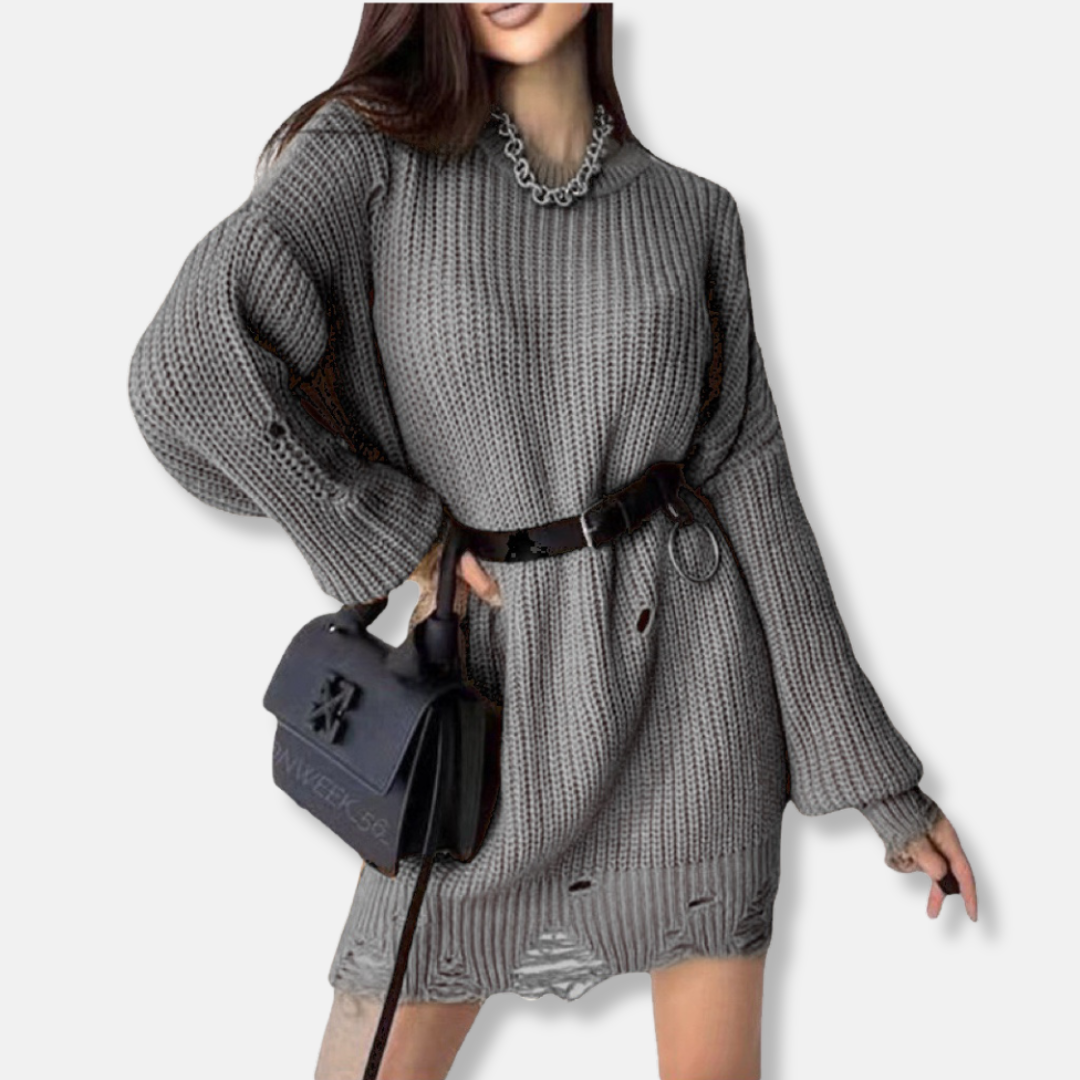 Robe Courte En Maille Côtelée À Manches Ballon Avec Ourlet Usé Pour Un Style Décontracté et Sophistiqué