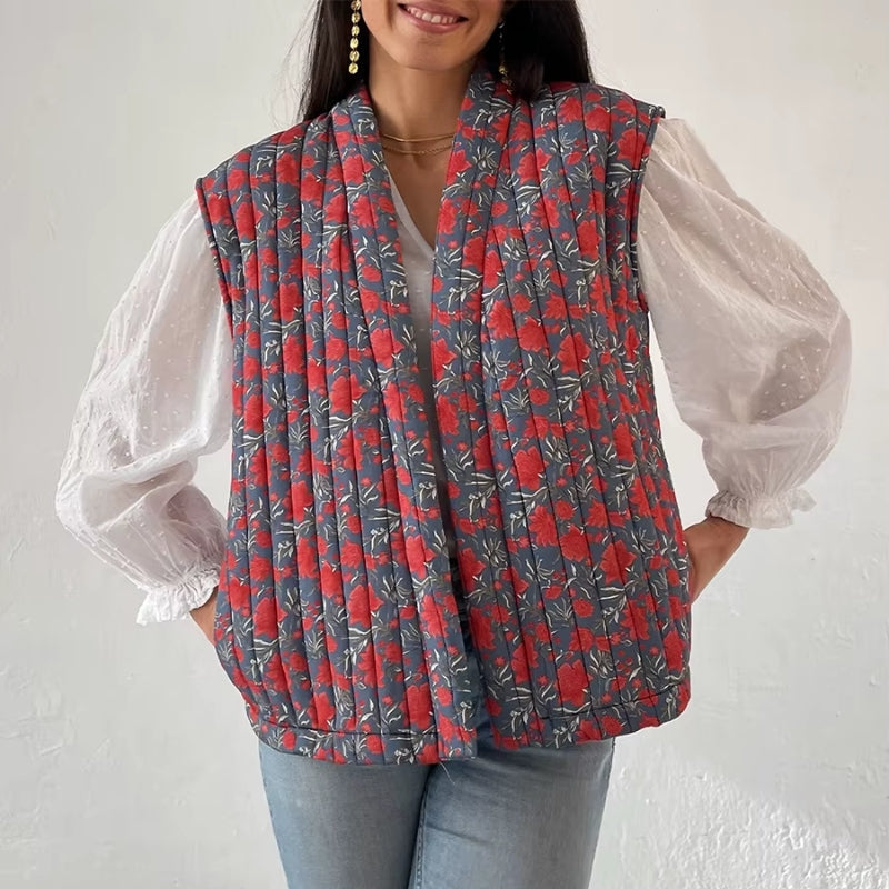Gilet Sans Manches Imprimé Carreaux Et Fleurs Cousu À La Main Doublure Légère Pour Une Silhouette Raffinée