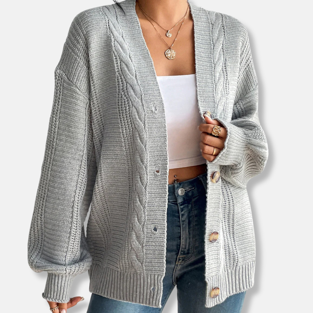 Cardigan Femme En Laine Maille Torsadée Confortable Coupe Oversize Avec Boutons Sur Devant Amawinc