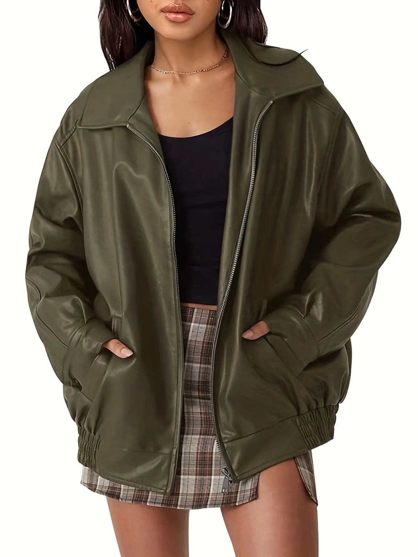 Rose Veste Bomber En Cuir Oversize Pour Femmes Classique Amawinc Élégance Décontractée