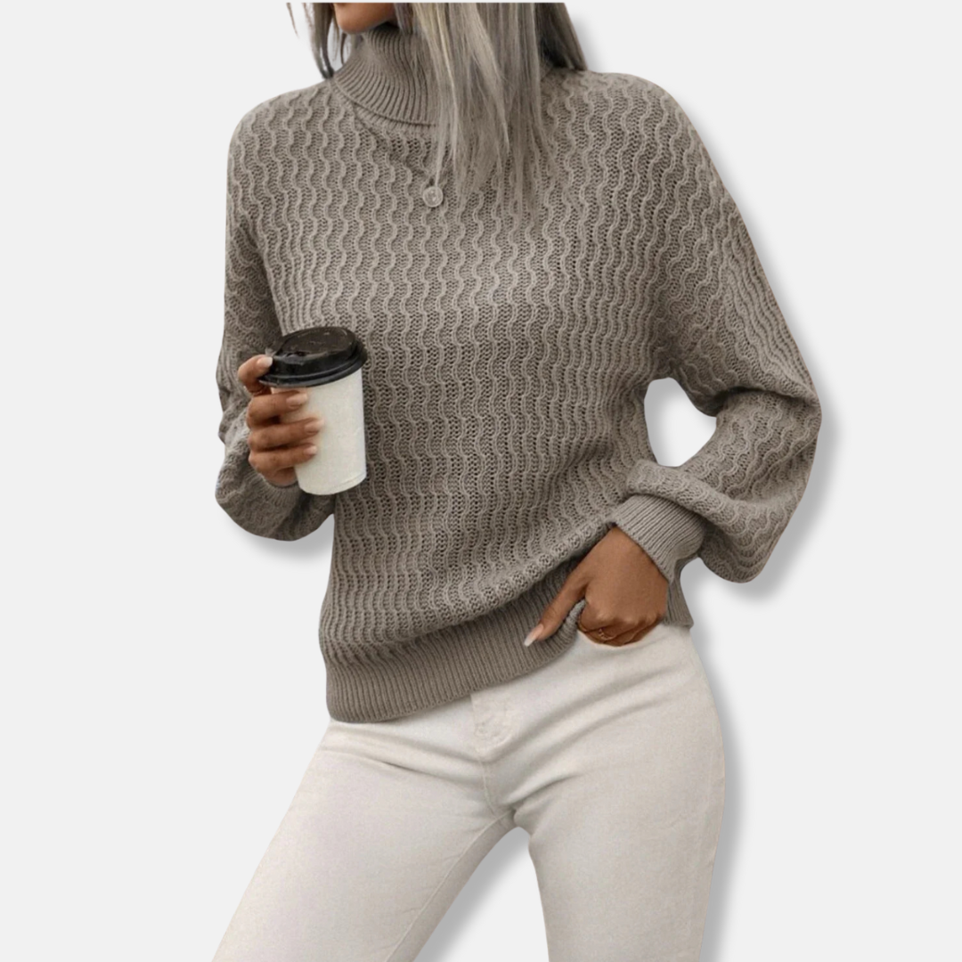Pull Femme en Maille Col Roulé Manches Ballon Coupe Décontractée Élégante Style Décontracté