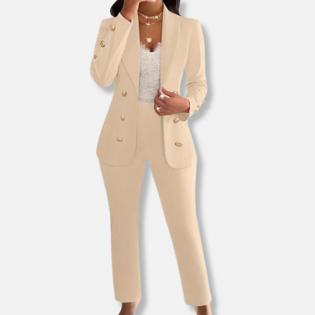 Ensemble Deux Pièces Femme Blazer Slim Fit Double Boutonnage Col Châle Pantalon Jambes Droites
