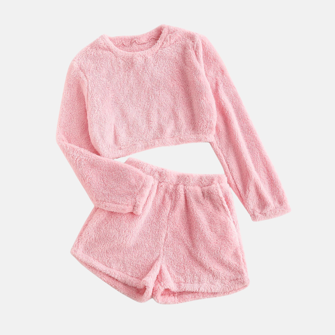 Ensemble Deux Pièces Loungewear Peluche Texturée Avec Top Manches Longues Coupé Court Et Shorts Taille Haute