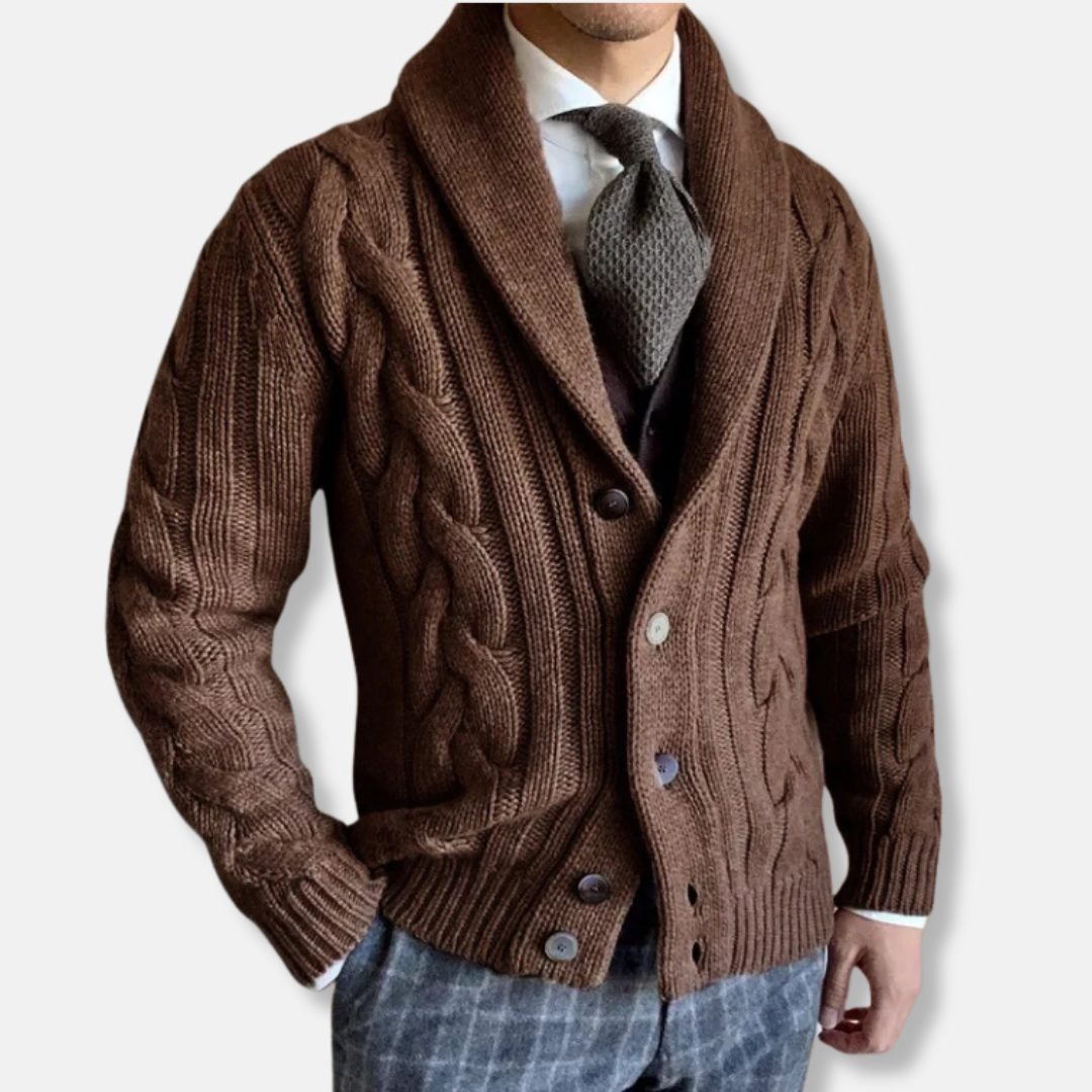 Cardigan Homme En Maille Câble Avec Col Châle Tricot Effet Laine Coupe Classique Moderne Confort